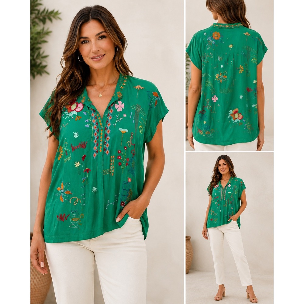 Johnny Was Biya Green Cotton Embroidered Boho Floral Robot Top Large